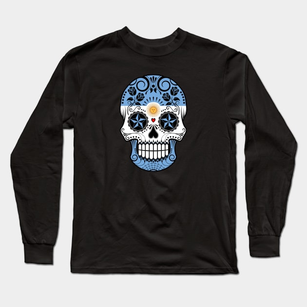 Argentine Flag Sugar Skull with Roses Long Sleeve T-Shirt by jeffbartels